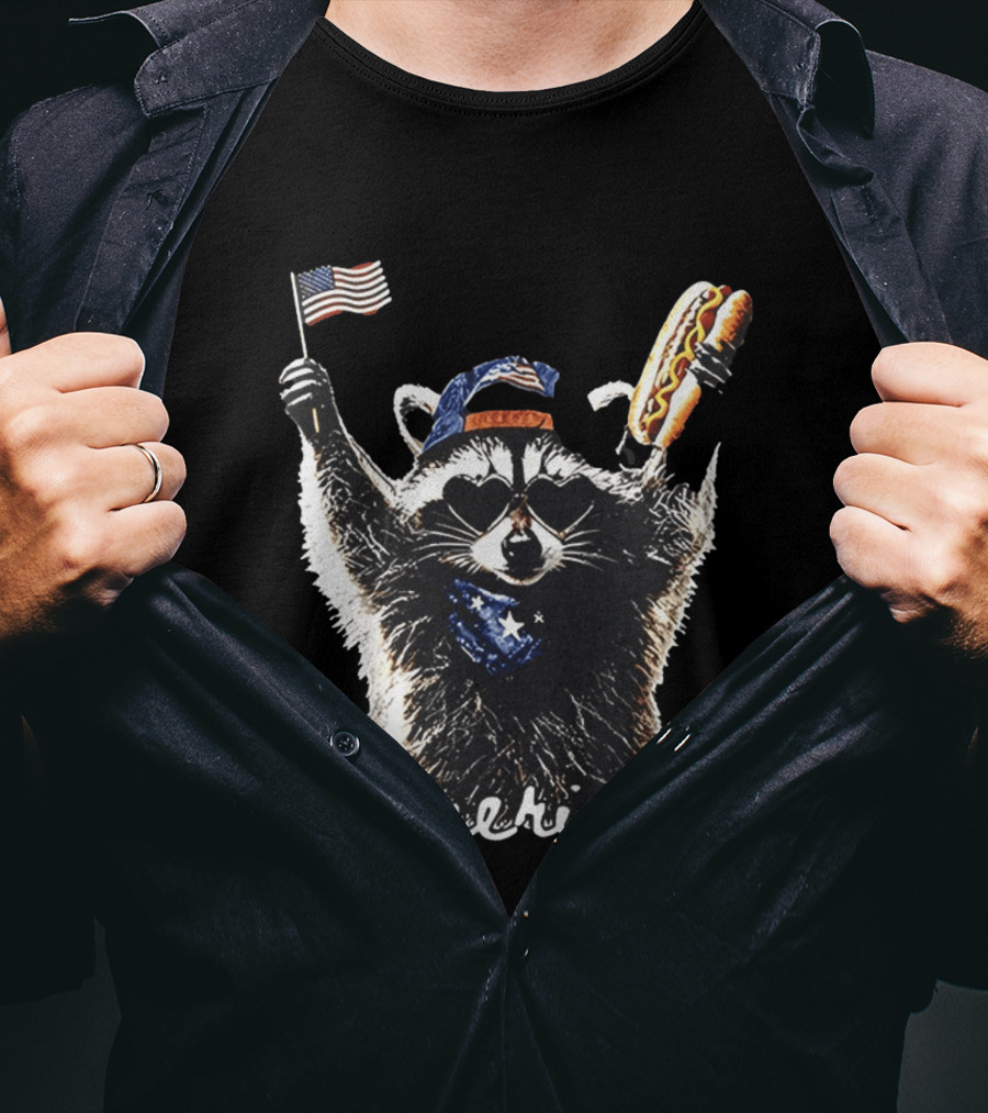 Raccoon Holding Hot Dog And Flag America 4th Of July Celebration T-Shirt