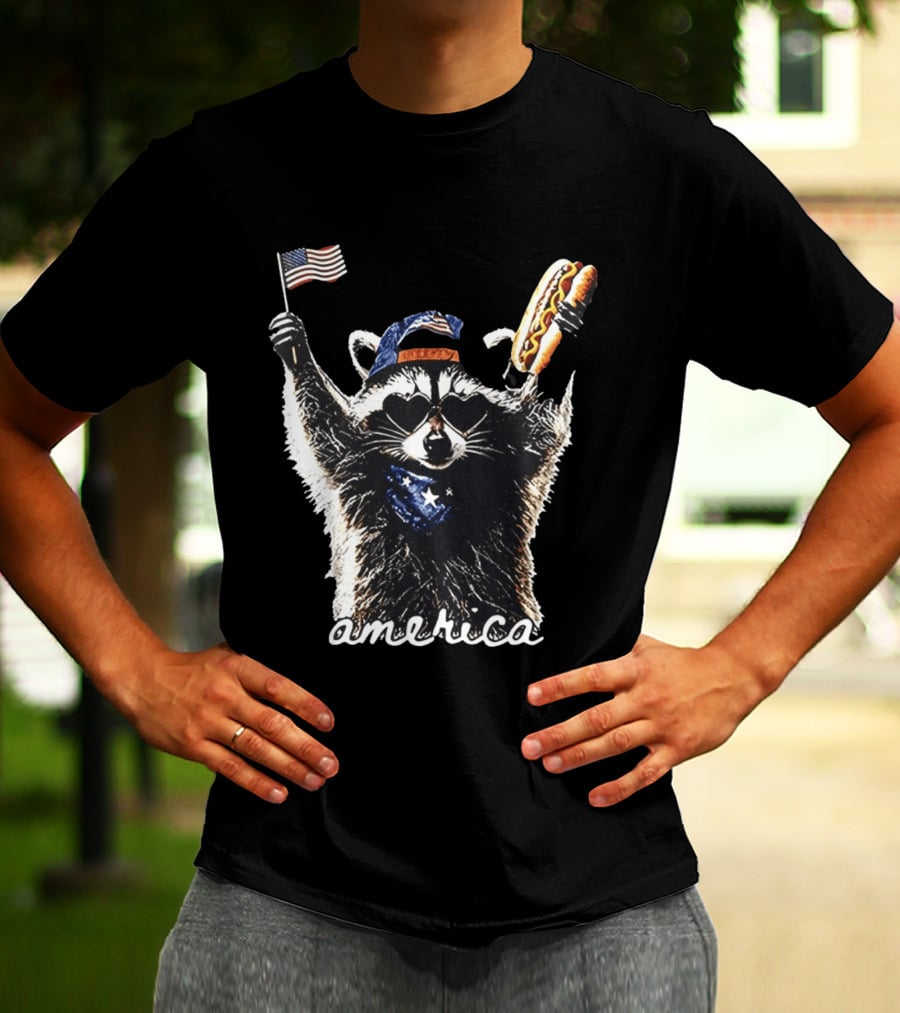 Raccoon Holding Hot Dog And Flag America 4th Of July Celebration T-Shirt