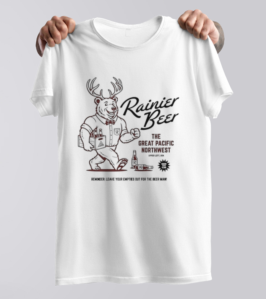 Rainier Beer Jackalope Bear Great Pacific Northwest Explore Legend Of The Sasquatch T-Shirt