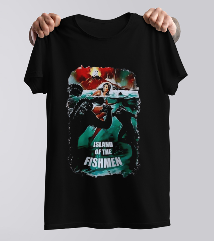Island Of The Fishmen Vintage Movie Scene With Sea Monsters And Volcano T-Shirt
