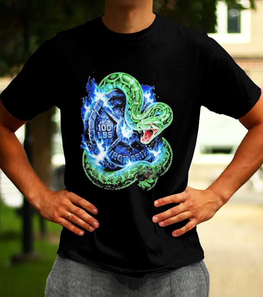 100 Lbs Iron Grip Snake With Lightning And Dumbbell T-Shirt