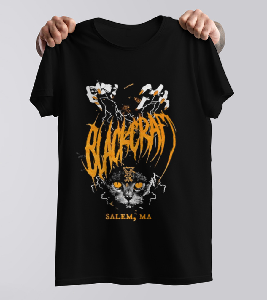 Blackcraft Salem MA Cat Occult Theme With Leviathan Cross T-Shirt