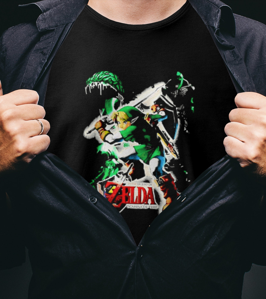 Legend Of Zelda Ocarina Of Time Link Fighting Enemies T-Shirt