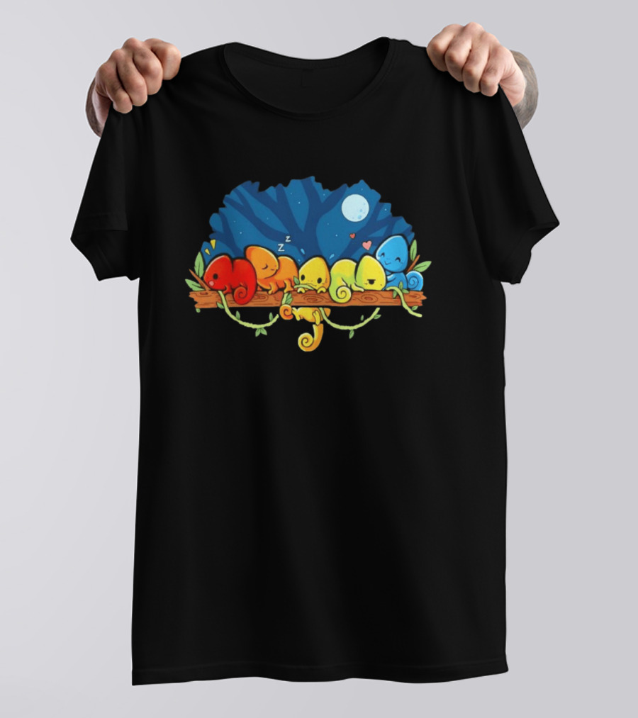 Colorful Chameleons Sitting On A Tree Branch Under Night Sky With Moon And Hearts T-Shirt