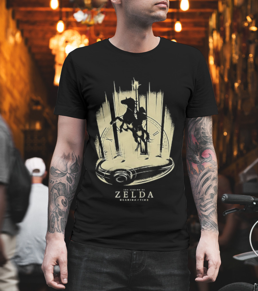 Link Riding Epona Castle Background Zelda Ocarina Of Time T-Shirt