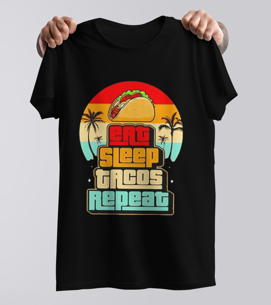 Eat Sleep Tacos Repeat Gaming Retro Sunset Palm Trees T-Shirt