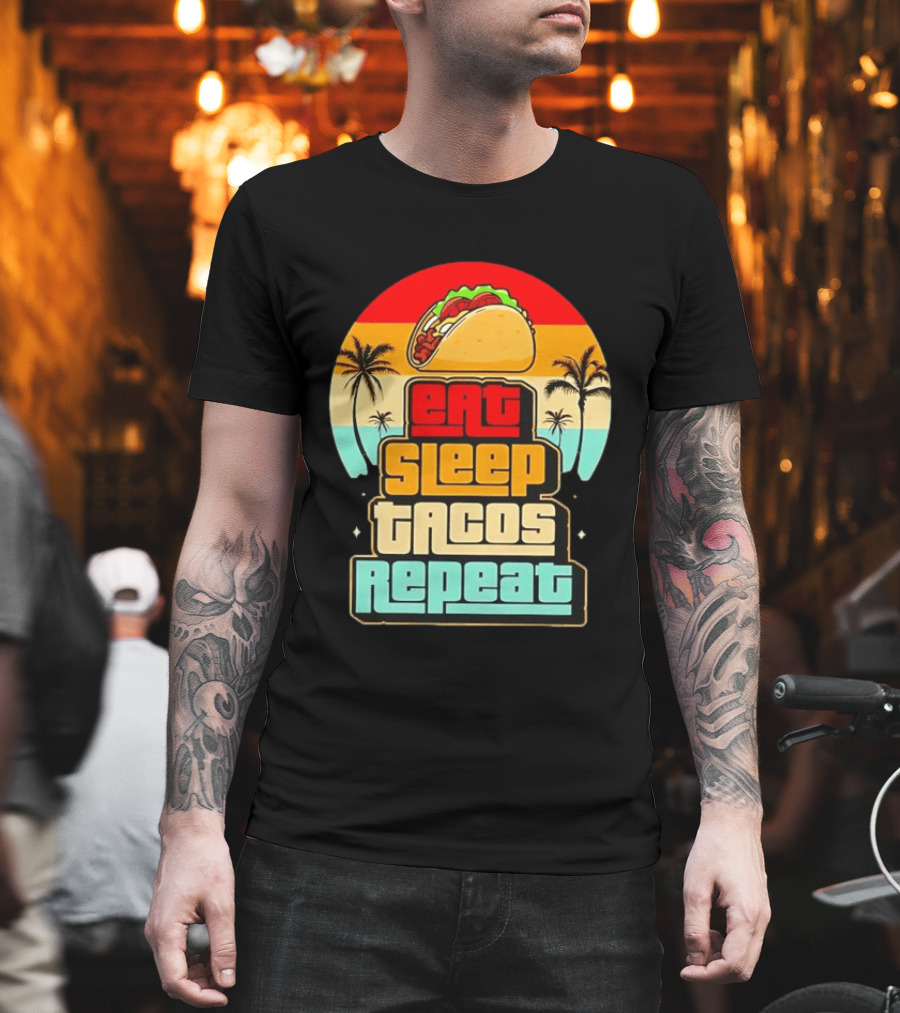 Eat Sleep Tacos Repeat Gaming Retro Sunset Palm Trees T-Shirt