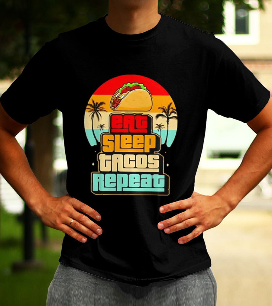 Eat Sleep Tacos Repeat Gaming Retro Sunset Palm Trees T-Shirt