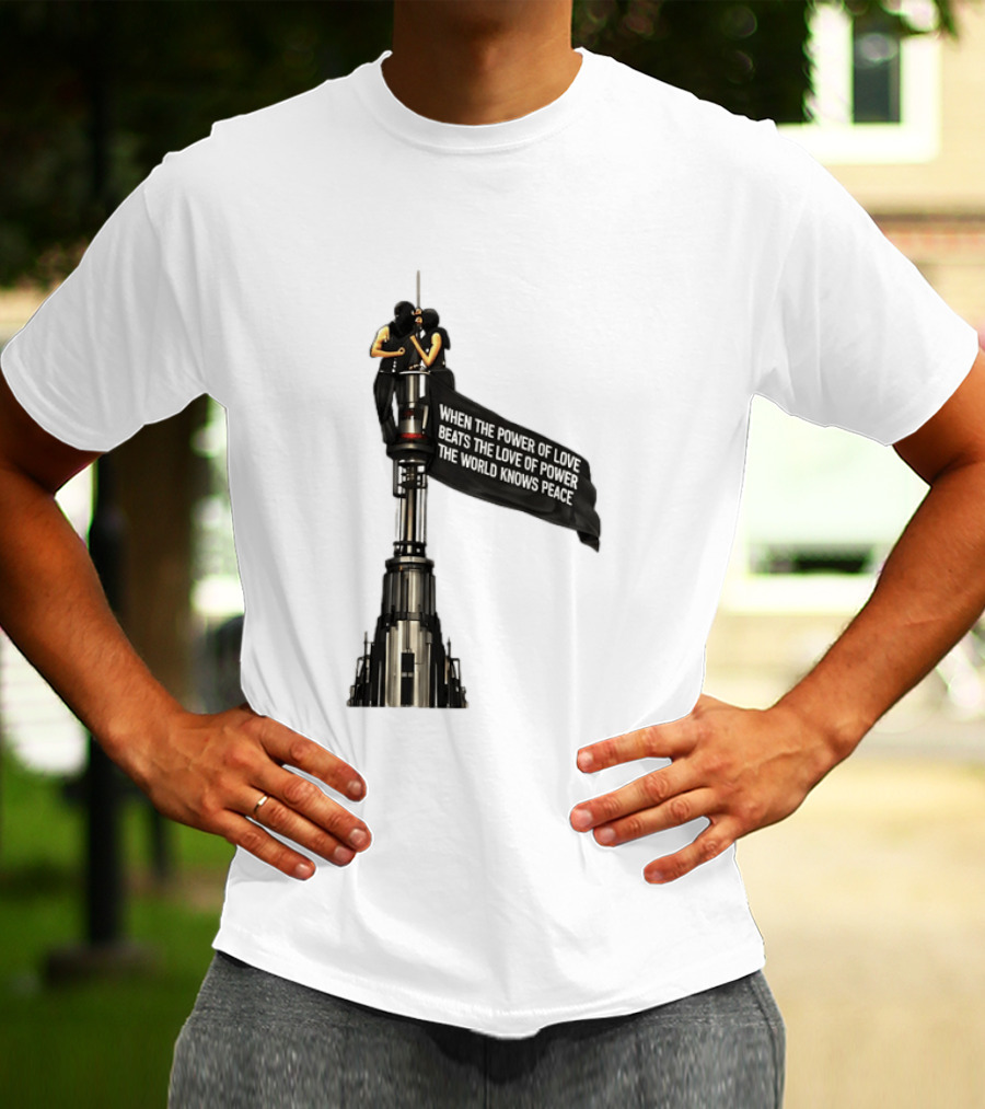 Angela Nikolau And Ivan Beerkus Love And Peace Flag On Empire State Building T-Shirt
