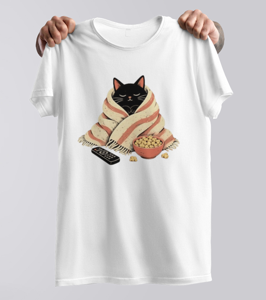 Cozy Black Cat Wrapped In Blanket With Popcorn And Remote T-Shirt