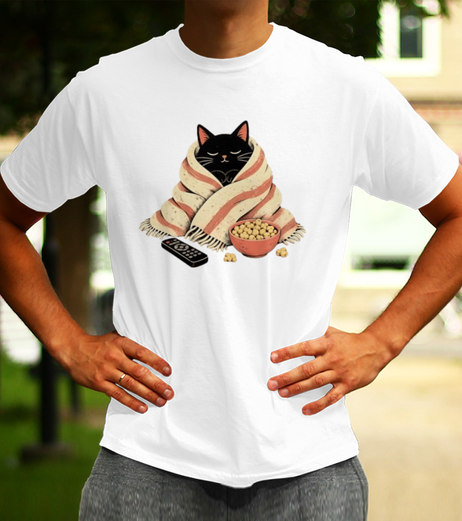 Cozy Black Cat Wrapped In Blanket With Popcorn And Remote T-Shirt