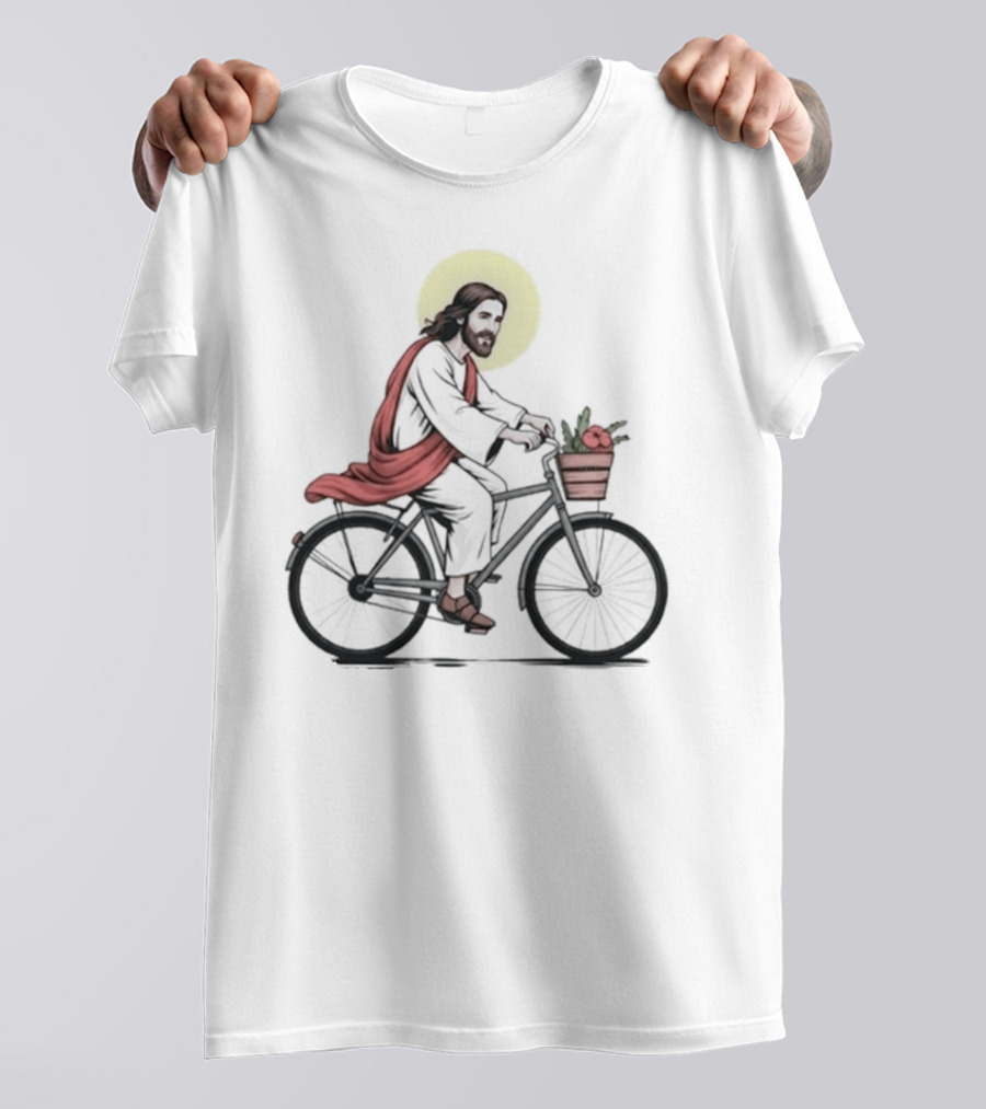 Christ On A Bike British Slang Jesus Cycling With Halo And Groceries T-Shirt