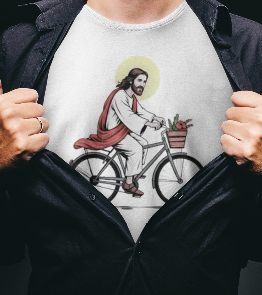 Christ On A Bike British Slang Jesus Cycling With Halo And Groceries T-Shirt