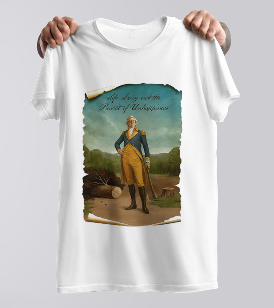 Life Larry And The Pursuit Of Unhappiness Larry As Washington Holding Axe Near Tree Stump T-Shirt
