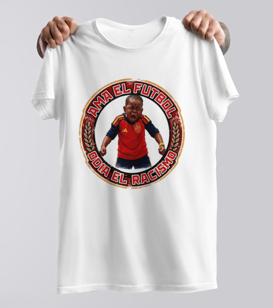 Ama El Futbol Odia El Racismo Niño Con Camiseta Roja Y Azul T-Shirt