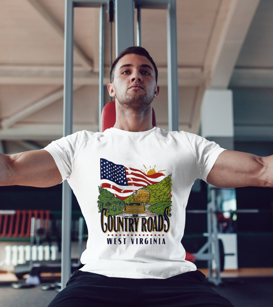 Country Roads West Virginia American USA Flag Vintage Truck Scenic Route T-Shirt