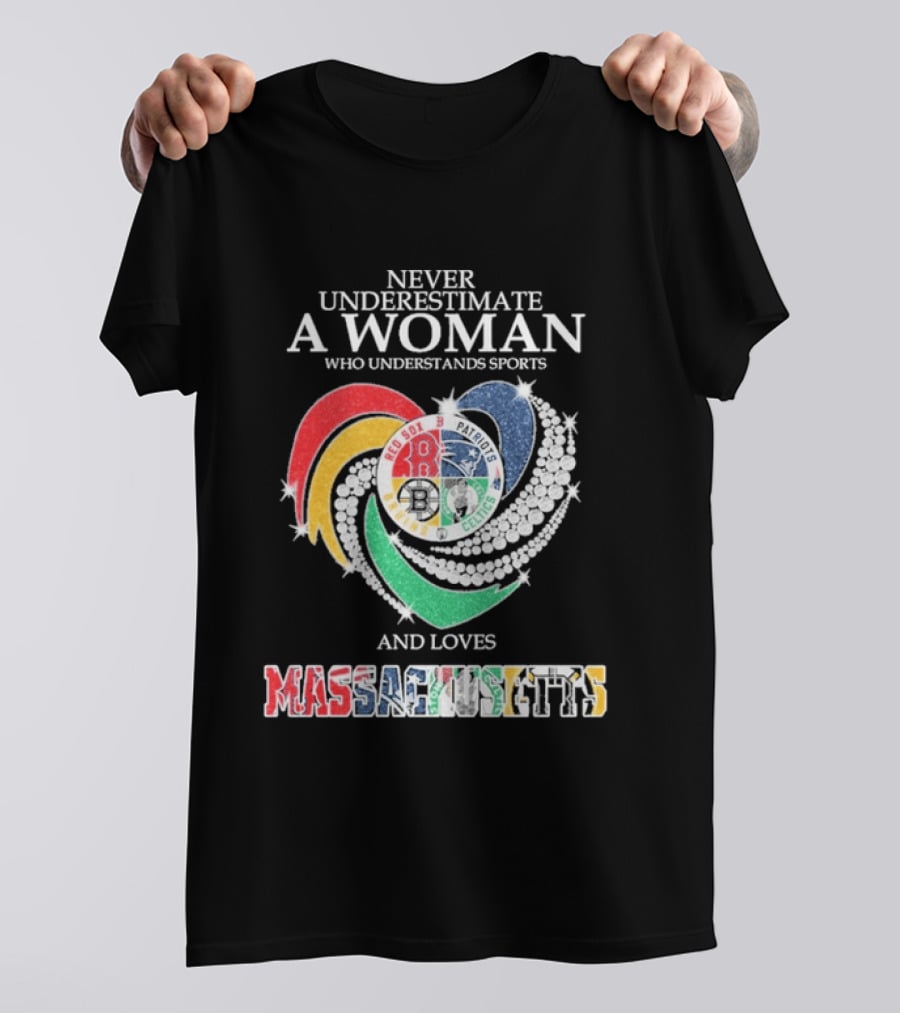 Never Underestimate A Woman Who Understands Boston Red Sox Celtics Patriots Bruins Sports Loves Massachusetts T-Shirt