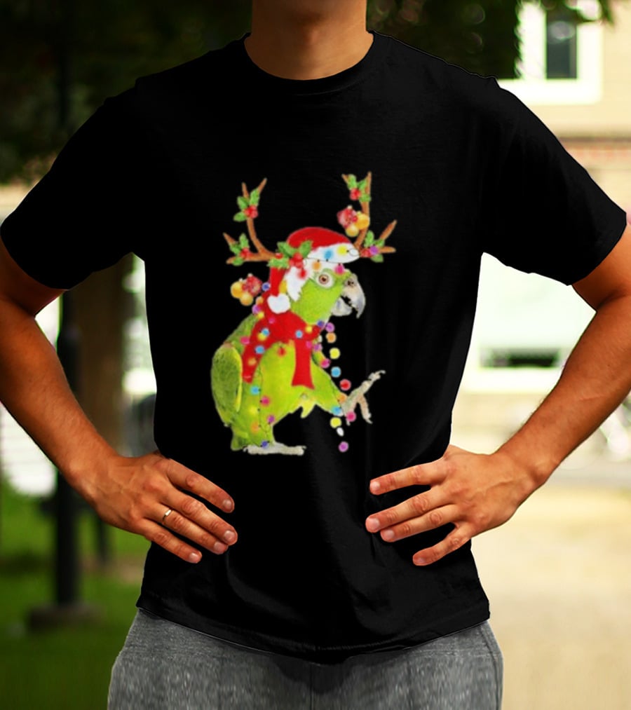 Festive Parrot Wearing Santa Hat And Reindeer Antlers T-Shirt