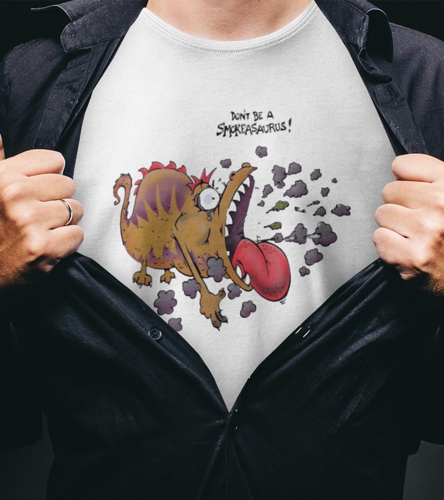 Buttoutz Don't Be A Smokeasaurus Smoking Dinosaur Cartoon Funny Anti Smoking Message T-Shirt