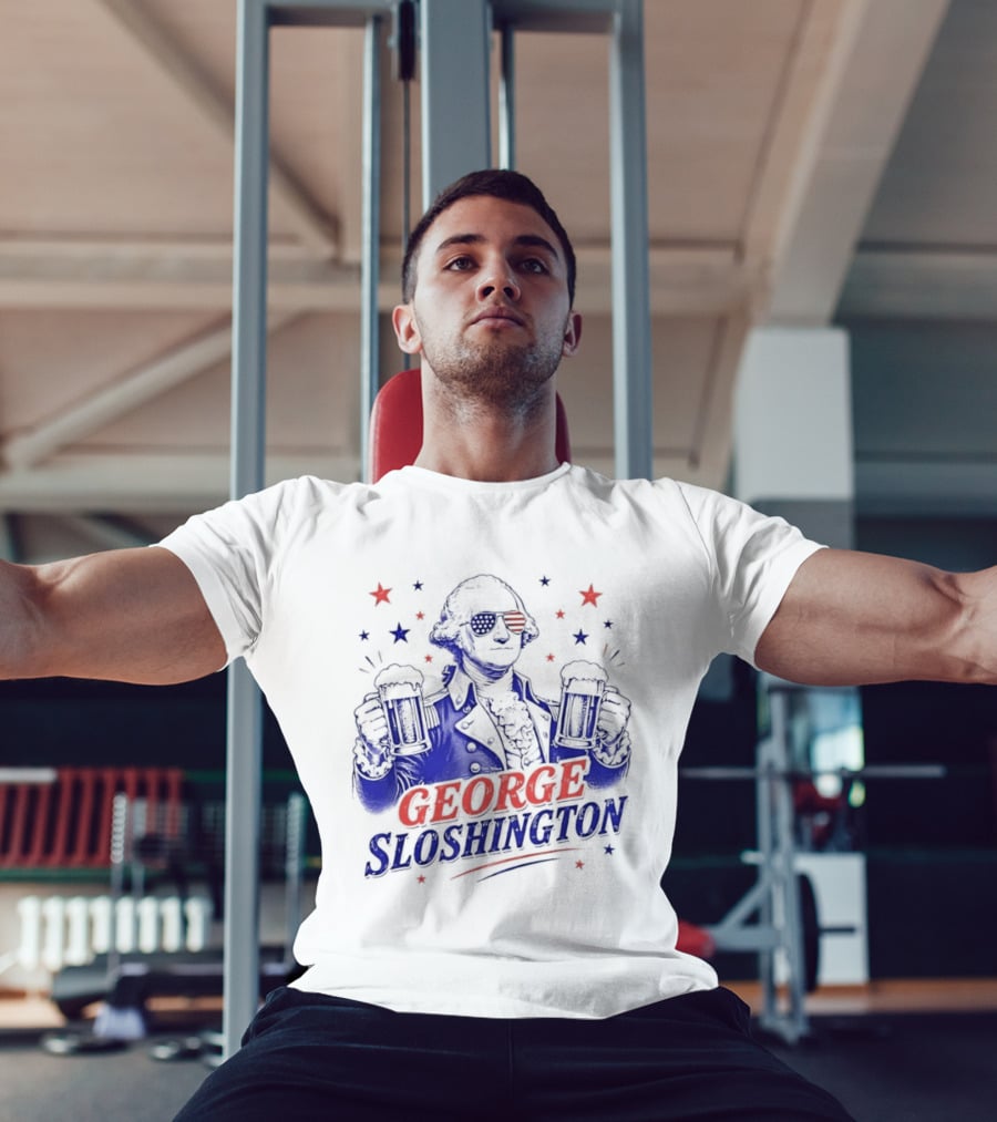 GEORGE SLOSHINGTON Party Patriot Drinking Beer Red White Blue Stars T-Shirt