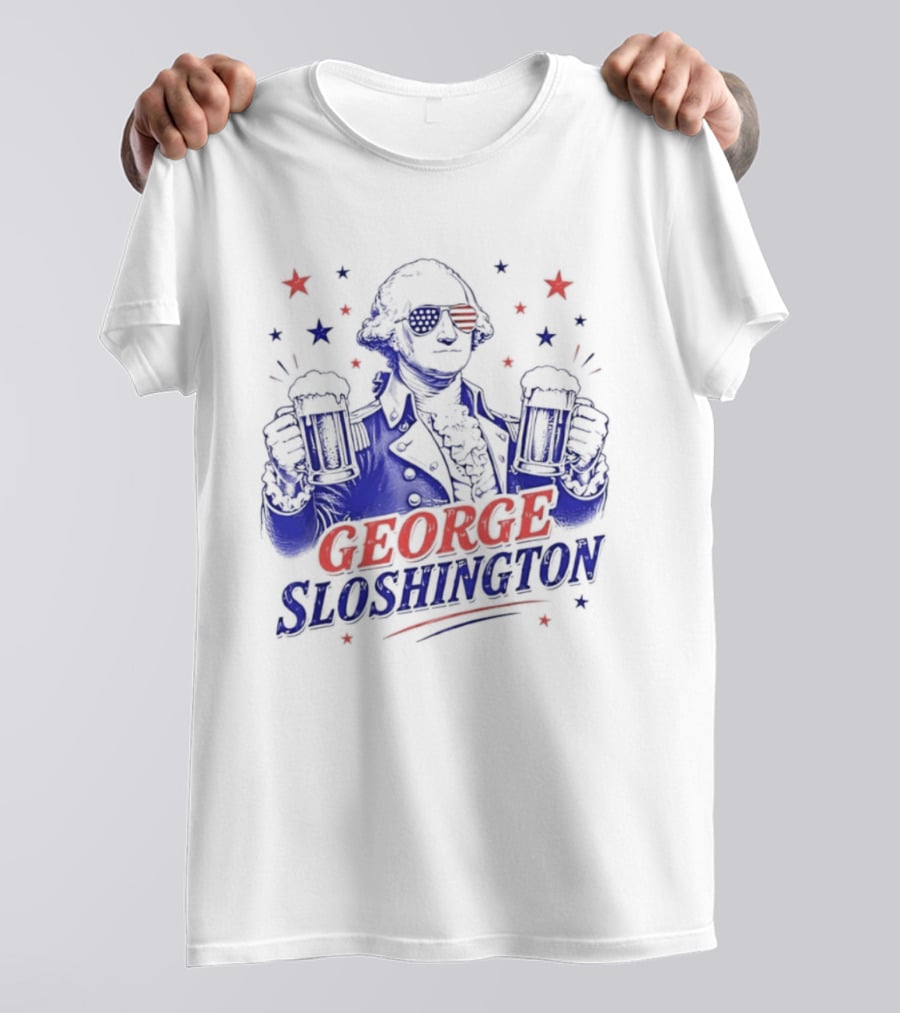 GEORGE SLOSHINGTON Party Patriot Drinking Beer Red White Blue Stars T-Shirt