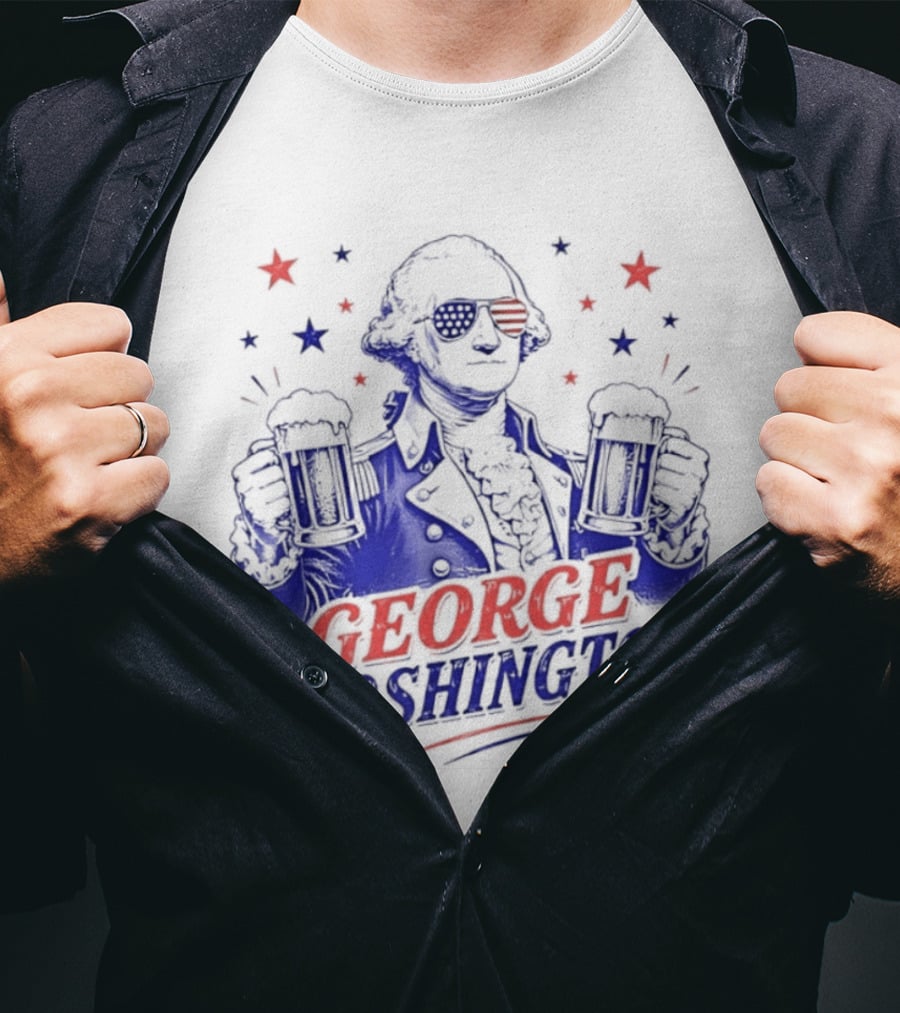 GEORGE SLOSHINGTON Party Patriot Drinking Beer Red White Blue Stars T-Shirt