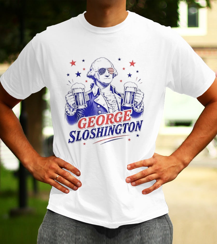 GEORGE SLOSHINGTON Party Patriot Drinking Beer Red White Blue Stars T-Shirt