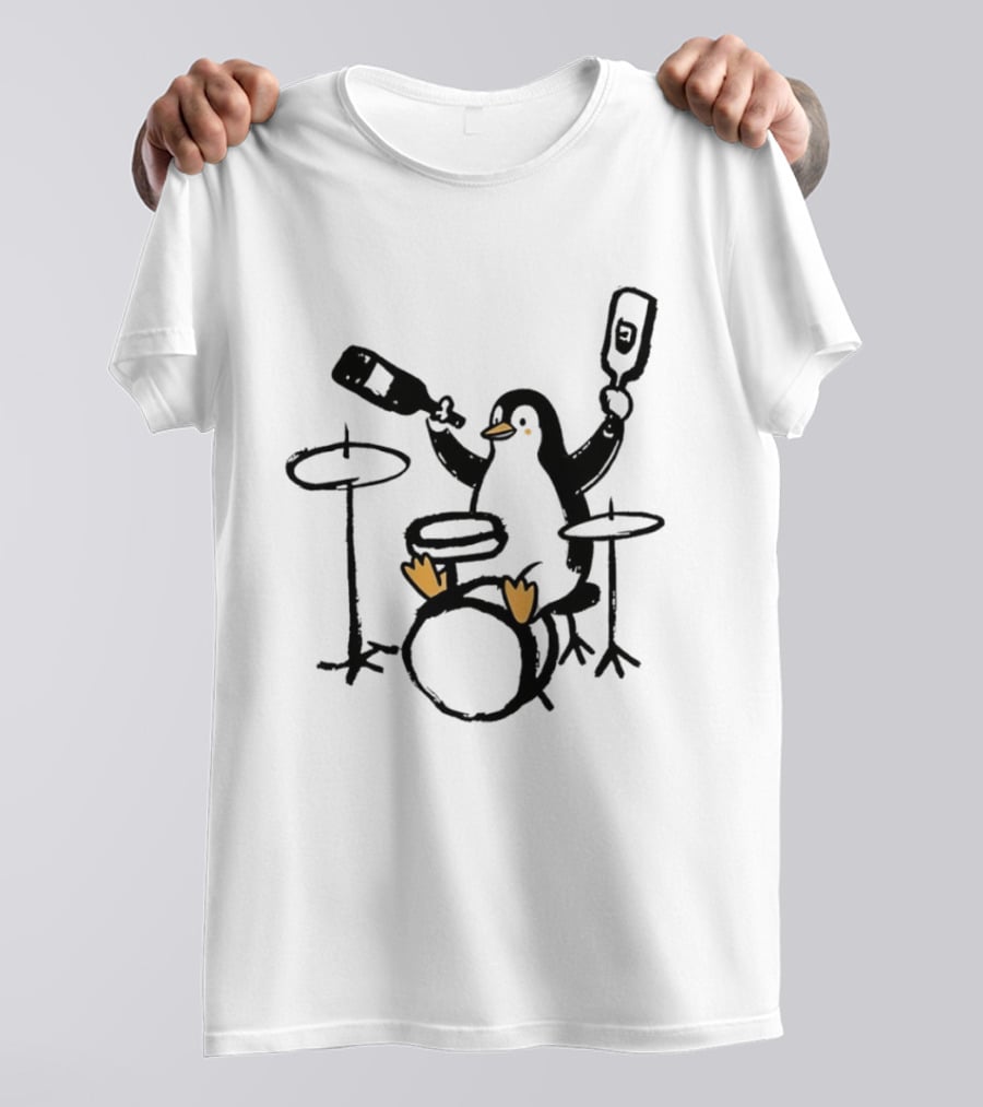 Penguin Playing Drums Drinking Wine With Bottle T-Shirt