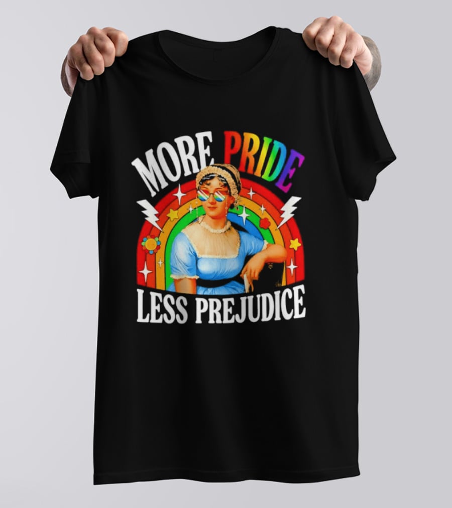 More Pride Less Prejudice LGBTQ Rainbow Heart Jane Austen Pride Month T-Shirt