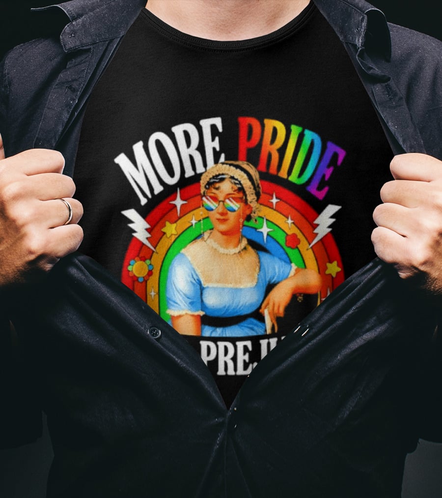 More Pride Less Prejudice LGBTQ Rainbow Heart Jane Austen Pride Month T-Shirt
