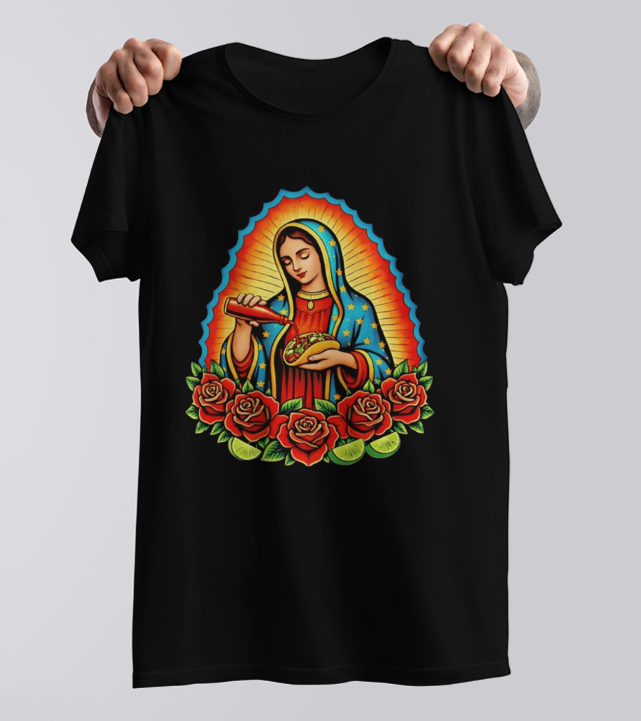 Virgen Maria With Taco And Hot Sauce Surrounded By Roses And Lime Slices T-Shirt