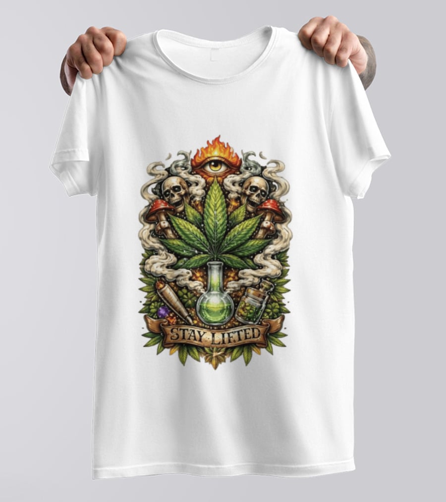 Cannabis Leaf Skull Mushroom Alchemy Eye Stay Lifted Weed Culture T-Shirt