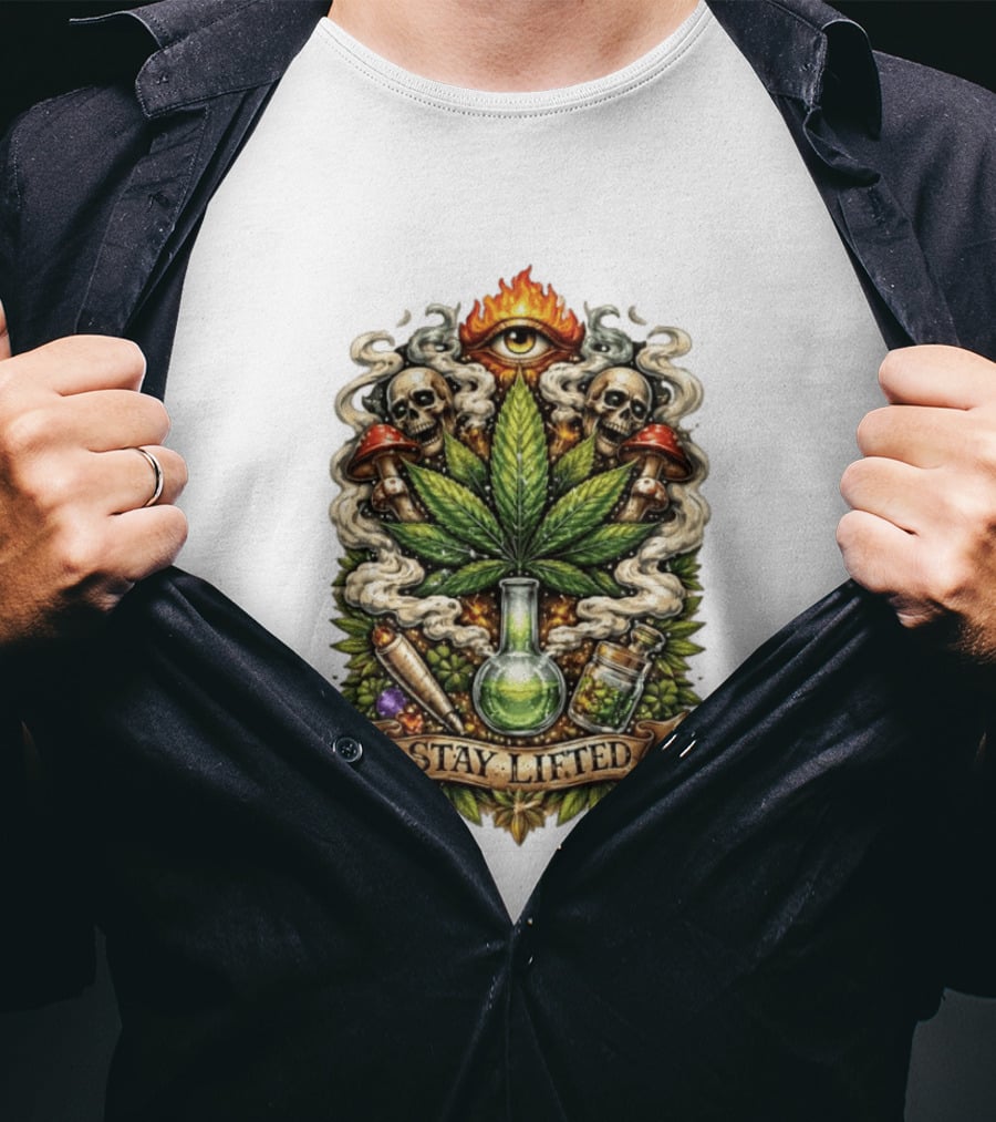 Cannabis Leaf Skull Mushroom Alchemy Eye Stay Lifted Weed Culture T-Shirt