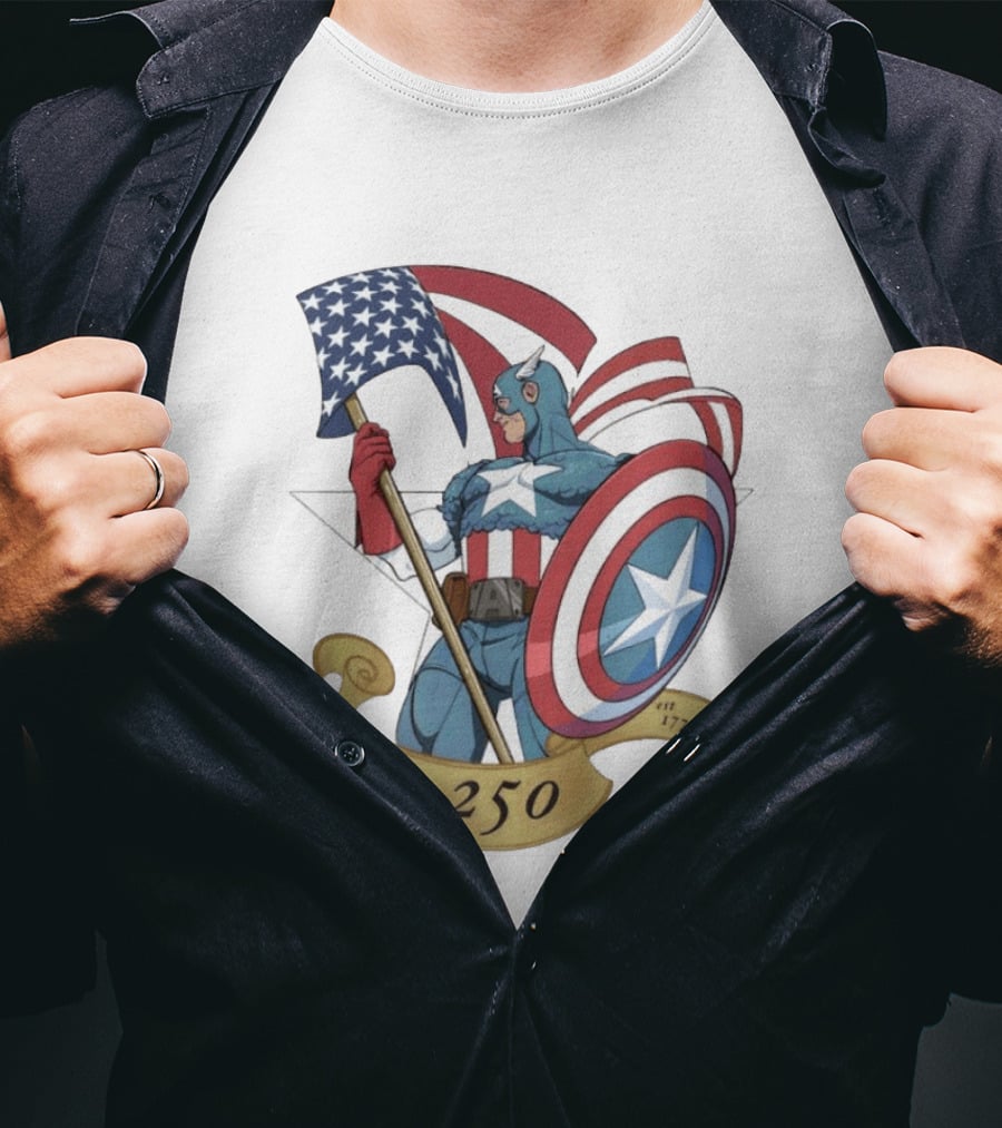 Captain America Marvel 250 E Pluribus Unum EST 1776 Patriotic Hero Shield American Flag T-Shirt