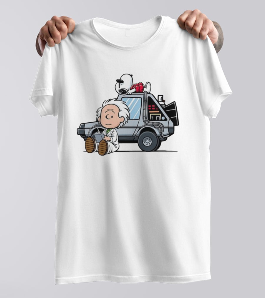 Doc Brown Snoopy Back To The Future Delorean Time Machine Cartoon Mashup T-Shirt