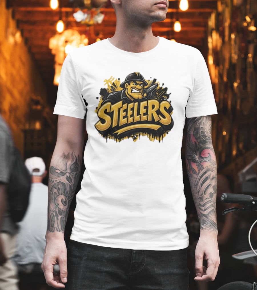 Pittsburgh Steelers Graffiti Steel Worker Emblem With Tough T-Shirt