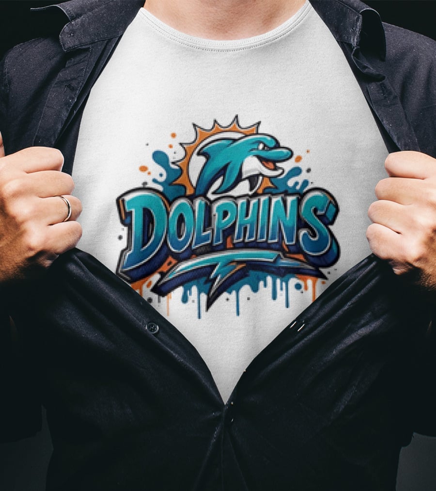 Miami Dolphins Graffiti Football Dolphins Splash Blue Orange T-Shirt