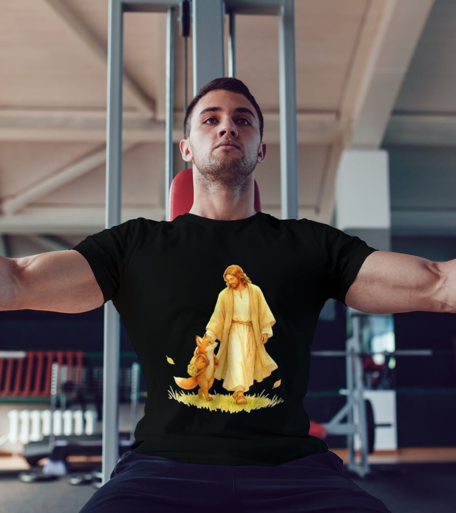 Jesus Christ And Fox Companion With Backpack In Nature Scene T-Shirt