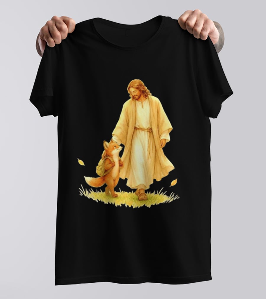 Jesus Christ And Fox Companion With Backpack In Nature Scene T-Shirt