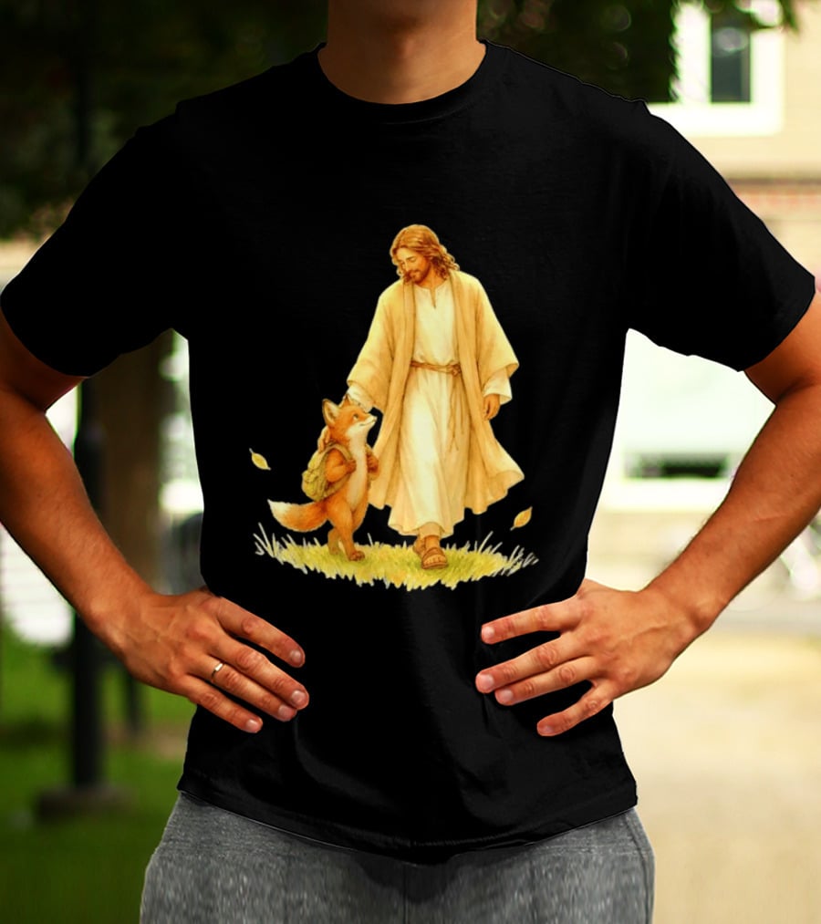 Jesus Christ And Fox Companion With Backpack In Nature Scene T-Shirt