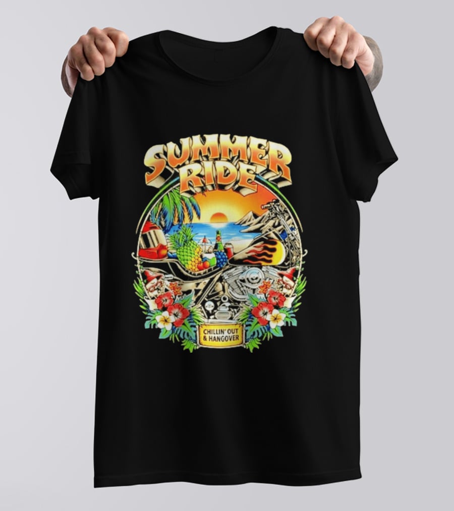 Summer Ride Chillin' Out Hangover Motorcycle Beach Sunset Tropical Fruits Floral T-Shirt