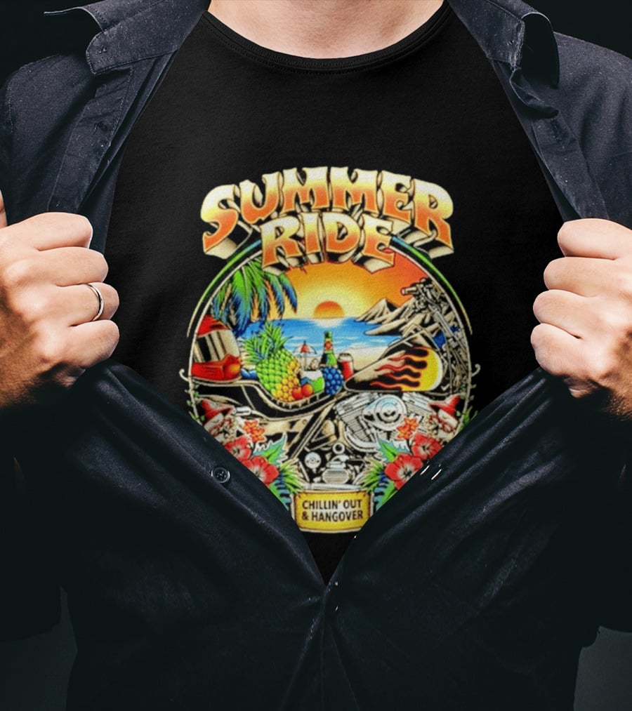 Summer Ride Chillin' Out Hangover Motorcycle Beach Sunset Tropical Fruits Floral T-Shirt