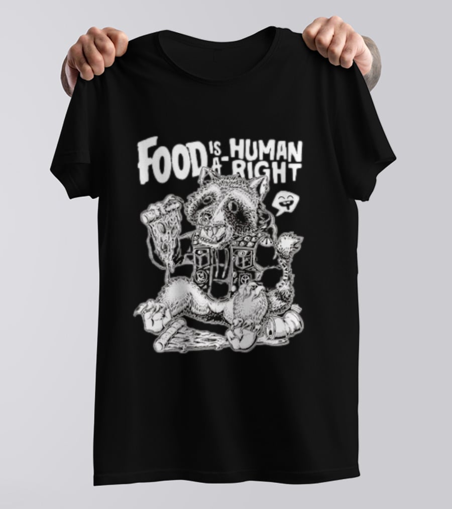 Food Is A Human Right Raccoon Punk Rocker Skeleton Peace Signs T-Shirt
