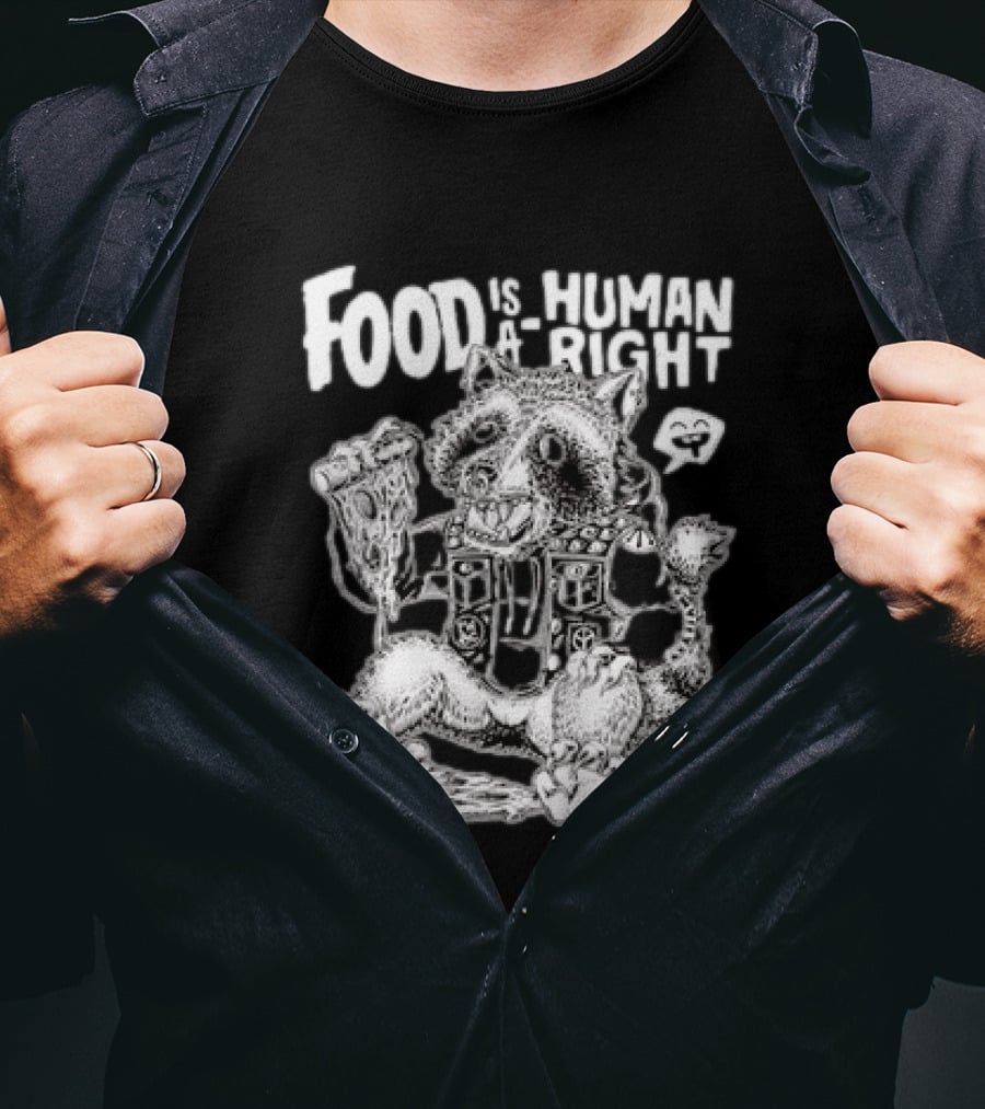Food Is A Human Right Raccoon Punk Rocker Skeleton Peace Signs T-Shirt