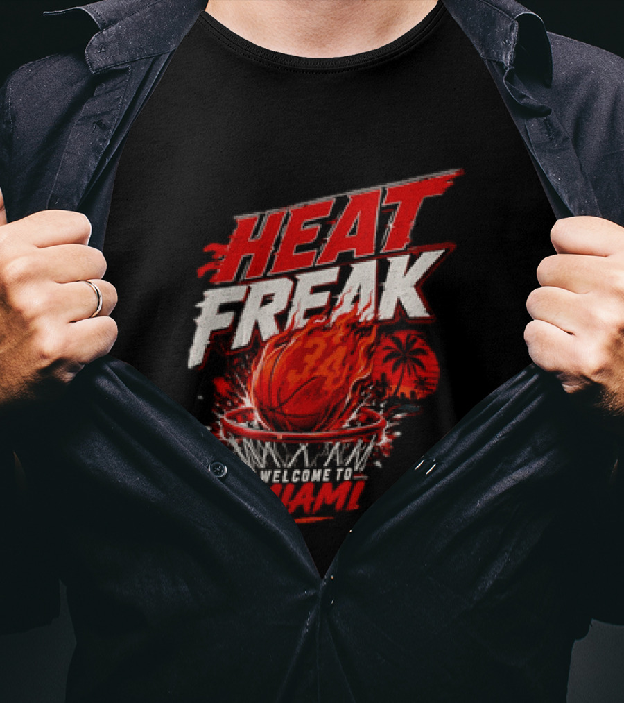 Heat Freak Welcome To Miami Basketball Flame Palm 34 T-Shirt