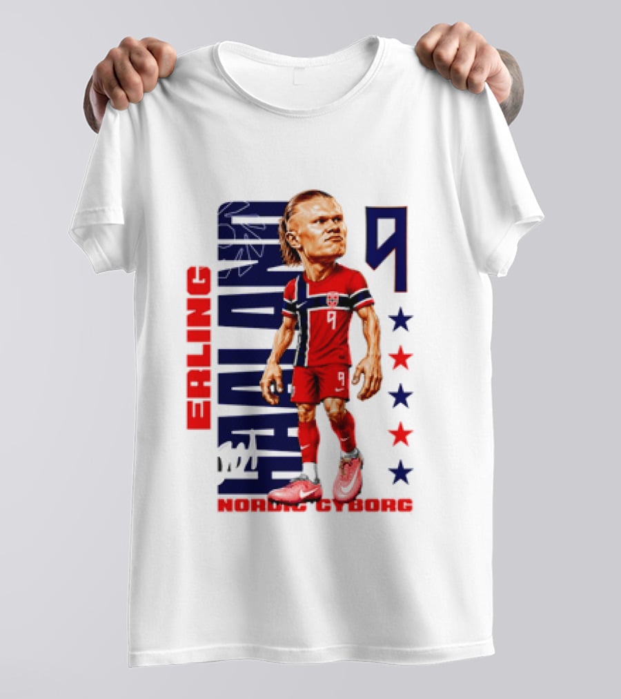 Erling Haaland No 9 Nordic Cyborg Stars And Stripes Caricature T-Shirt