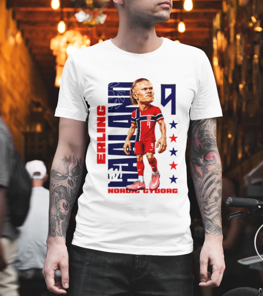 Erling Haaland No 9 Nordic Cyborg Stars And Stripes Caricature T-Shirt