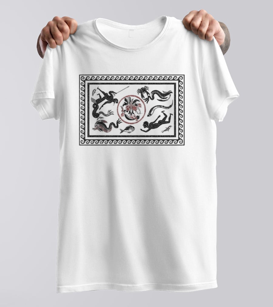 Roman Mosaic Mythological Ocean Marine Life Neptune Trident Creatures T-Shirt