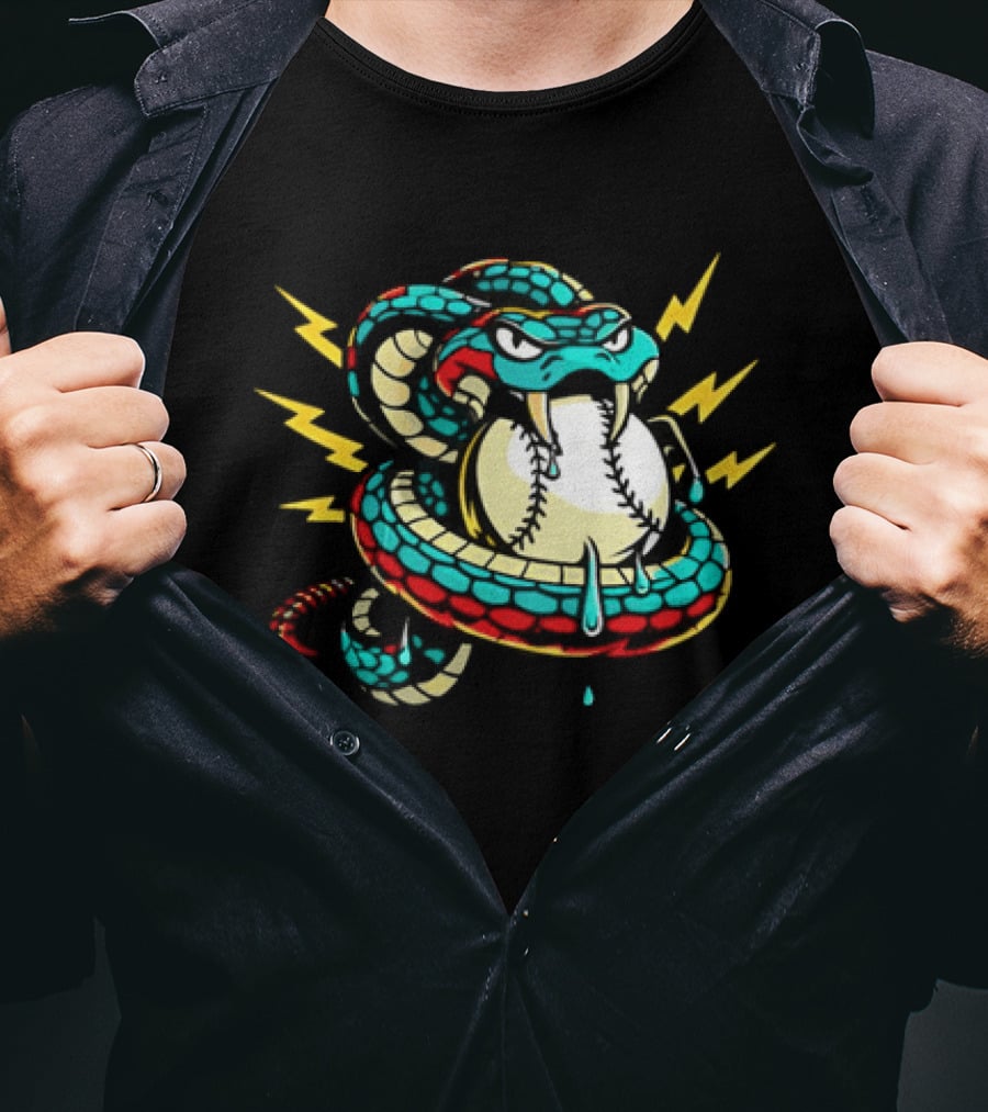 Snake Wrapped Around Baseball Surrounded By Lightning Strikes T-Shirt