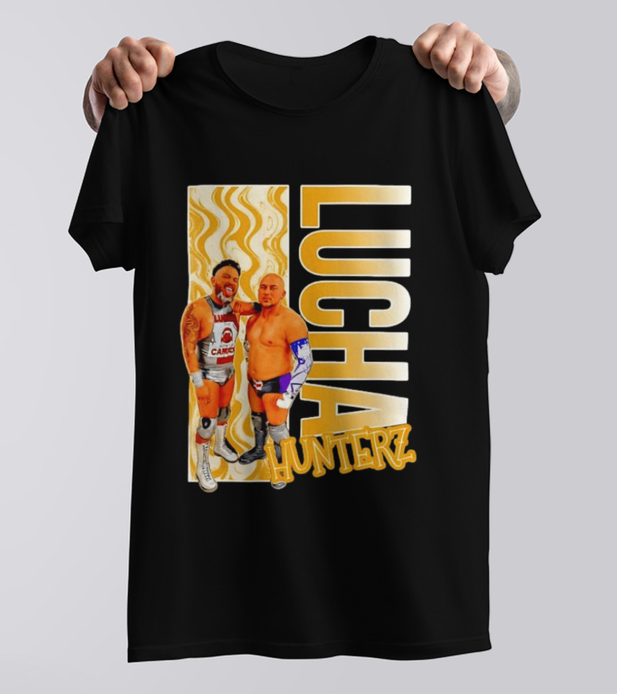 Lucha Hunterz Wrestlers Duo With Llamas And Gold Accents T-Shirt